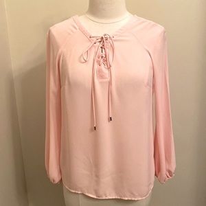 Worthington Petite Baby Pink Long Sleeve Tie Up Semi Sheer Career Blouse Size MP